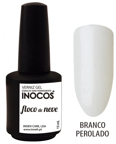 Verniz gel INOCOS branco perolado com amostra de cor em unha artificial