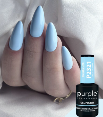 Unhas com verniz gel azul pastel P2321 da Purple Professional