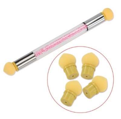 Pincel duplo com cabo metálico prateado e glitter rosa, pontas em espuma amarela, com cinco pontas de substituição