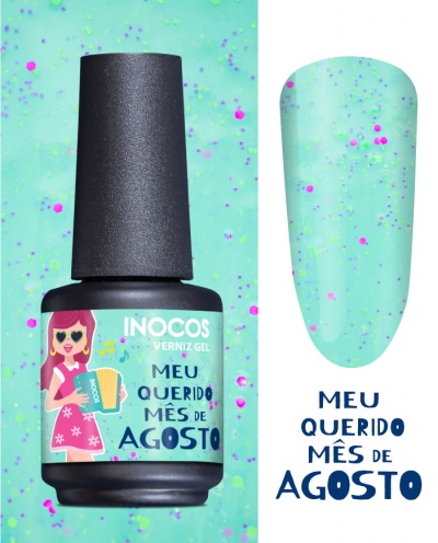 Frasco de verniz gel verde com partículas lilás e rosa e ilustração no rótulo