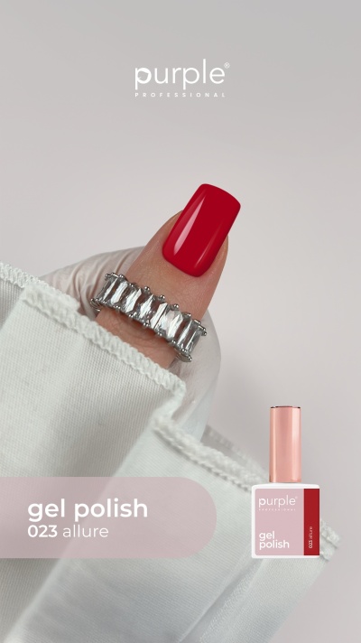 Verniz de gel cor 023 allure da marca purple professional com unha vermelha e anel de pedras brilhantes