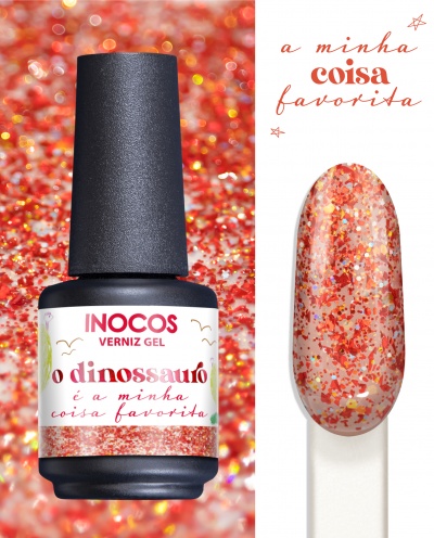 frasco de verniz gel vermelho e dourado com amostra de unha