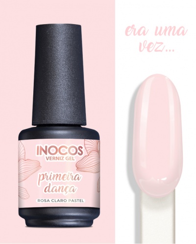 Frasco de verniz gel rosa claro pastel INOCOS com amostra da cor e texto decorativo