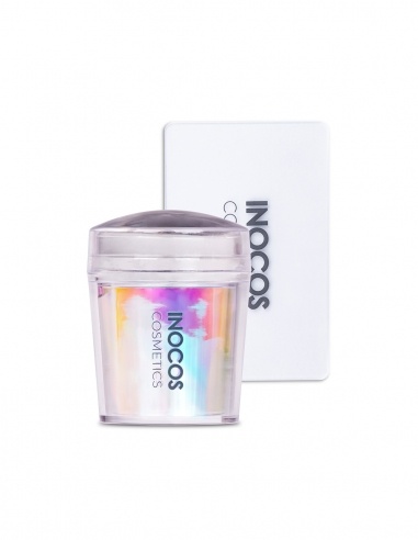 Recipiente transparente com pigmento colorido e cartão branco INOCOS