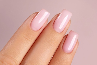 Mão com unhas postiças rosa claro e brilhantes