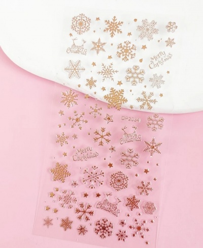 Folha de autocolantes com flocos de neve dourados e texto Merry Christmas