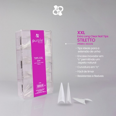 Caixa transparente com tips para unhas XXL Stiletto da marca purple numa superfície cinza