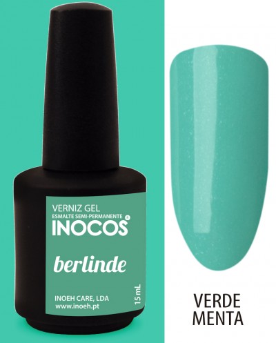Verniz gel semi-permanente verde menta INOCOS com frasco preto e amostra de cor