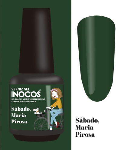 Frasco de verniz gel verde escuro Inocos e amostra da cor