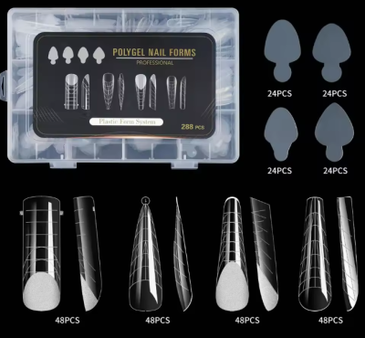 Estojo transparente com 288 formas de unhas Polygel profissionais e ilustracoes das formas