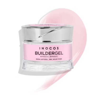 Frasco de gel Buildergel rosa leitoso Inocos com tampa prateada