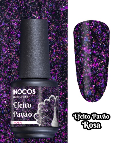 Verniz gel Inocos Efeito Pavão Rosa com glitter rosa e roxo
