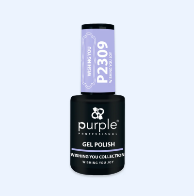 Frasco de verniz gel preto com tampa lilás e texto branco