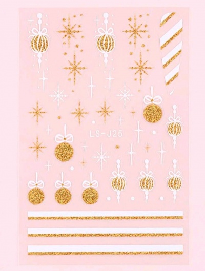 Adesivos decorativos dourados e brancos com tema natalício em fundo rosa