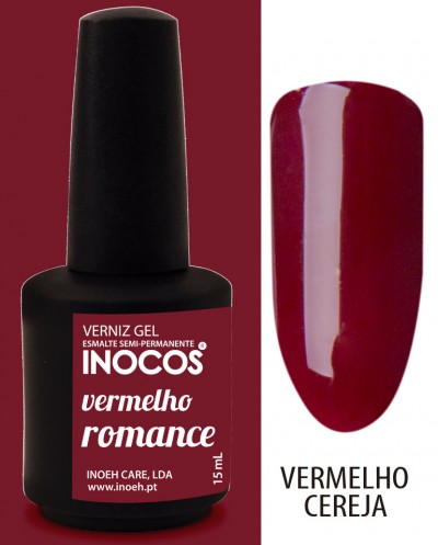 Verniz gel INOCOS vermelho romance com amostra da cor vermelho cereja