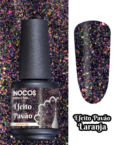 Frasco de verniz gel INOCOS Efeito Pavão Laranja em fundo brilhante multicolor