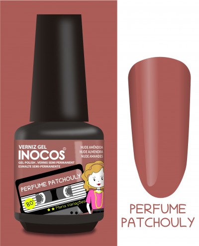 Frasco de verniz gel Inocos cor Perfume Patchouly e amostra da cor