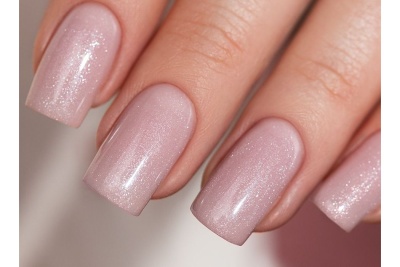 Unhas com verniz rosa claro brilhante e glitter prateado