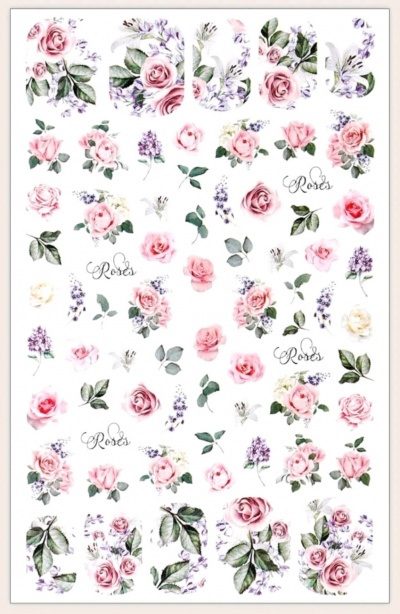 Autocolantes decorativos de flores e texto 'Roses' em várias cores sobre fundo branco