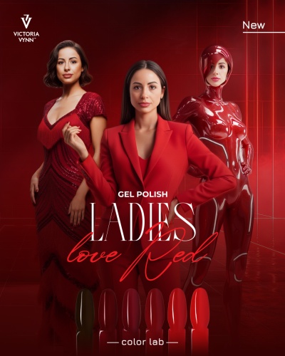 Anúncio de verniz gel vermelho com três mulheres em roupa vermelha e amostras de verniz.