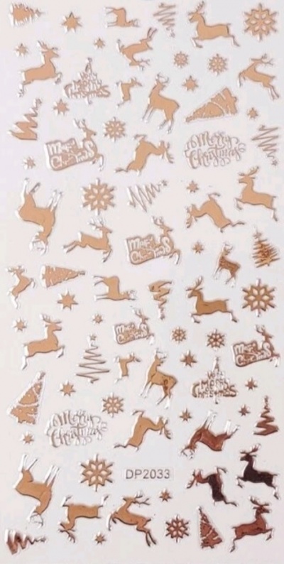 Folha de autocolantes dourados natalícios com renas, árvores, flocos de neve e texto