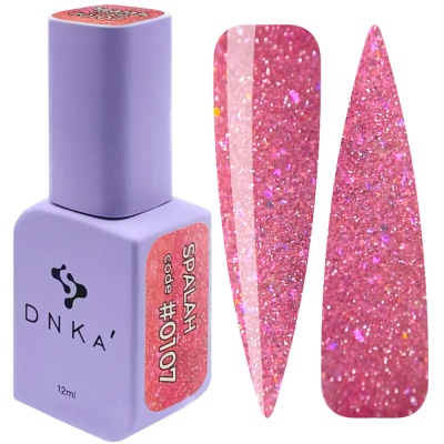 Frasco lilás de verniz gel DNKA' com etiquetas e amostras de verniz rosa brilhante glitter