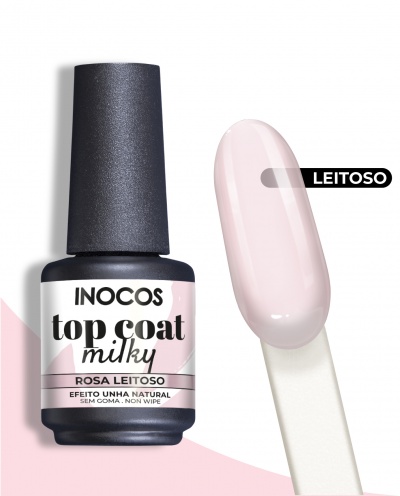 Frasco de verniz Inocos top coat milky rosa leitoso com unha postiça da mesma cor
