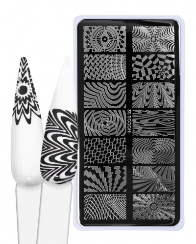 Placa de carimbo para unhas com padrões geométricos e unhas postiças decoradas