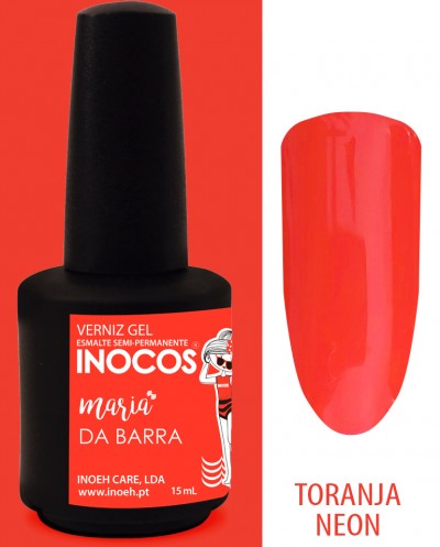 Verniz gel Inocos Maria da Barra cor Toranja Neon em embalagem preta com rótulo vermelho
