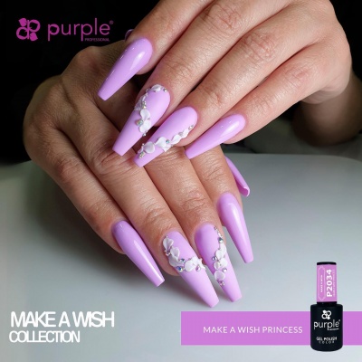 unhas compridas lilás com decoração floral 3D e pedrinhas, verniz Purple Professional