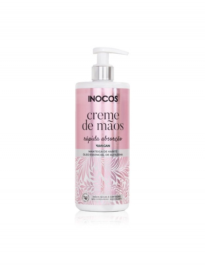 Frasco rosa de creme de mãos INOCOS com doseador e padrão de folhas