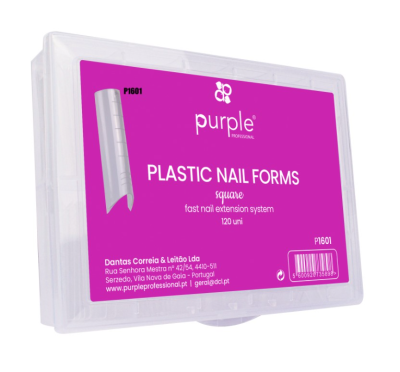 Embalagem de plástico transparente com moldes para unhas e etiqueta roxa