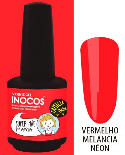 Frasco de verniz gel vermelho melancia néon com rótulo ilustrado