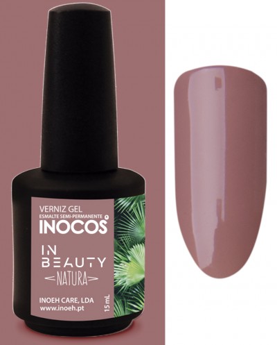 Verniz gel INOCOS com rótulo verde e amostra da cor castanha rosada.