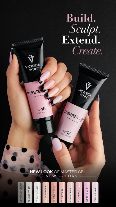 Tubos de gel para unhas Victoria Vynn Master Gel Polygel e unhas manicadas em rosa claro com ponta preta.