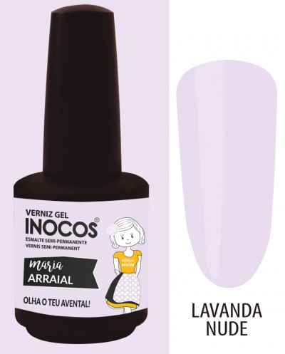 Verniz gel INOCOS lavanda nude com rótulo e desenho de rapariga