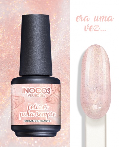 Frasco de verniz gel coral cintilante INOCOS com demonstração da cor e texto era uma vez.