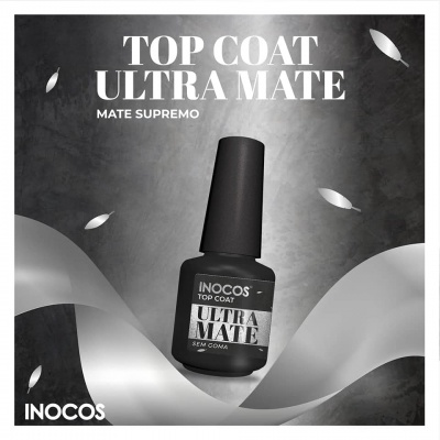 Frasco preto de top coat ultra mate da INOCOS sobre fundo cinza e prata