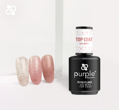 Frasco de verniz top coat com amostras de unhas rosa claro com flocos vermelhos