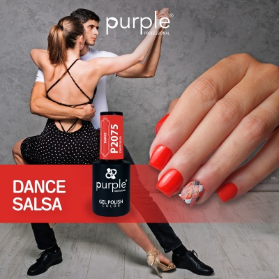 Frasco de verniz gel vermelho Purple Professional P2075 com casal a dançar salsa ao fundo.