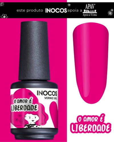 Frasco de verniz gel INOCOS rosa com texto O AMOR É LIBERDADE e amostra de cor