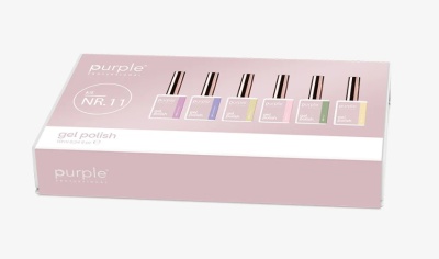 Caixa rosa com seis frascos de verniz em gel colorido