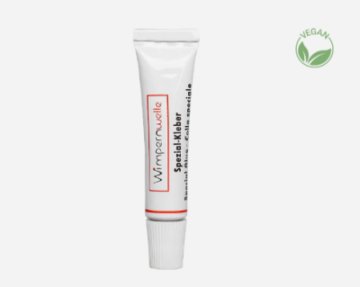 Tubo branco de cola especial para pestanas com texto e selo vegan