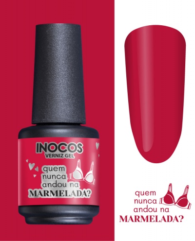 Verniz gel INOCOS vermelho com rótulo temático e amostra da cor