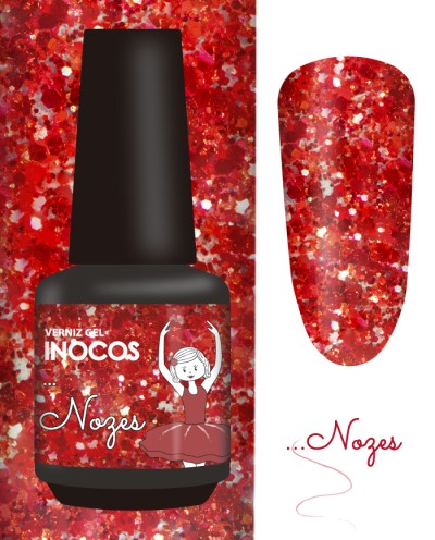 Verniz gel Inocos Nozes com glitter vermelho e prata e desenho de bailarina