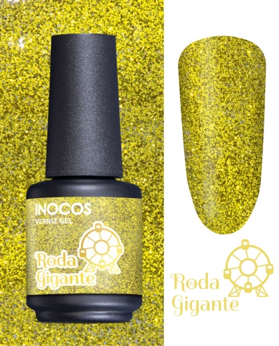 Frasco de verniz gel amarelo com glitter e amostra da cor
