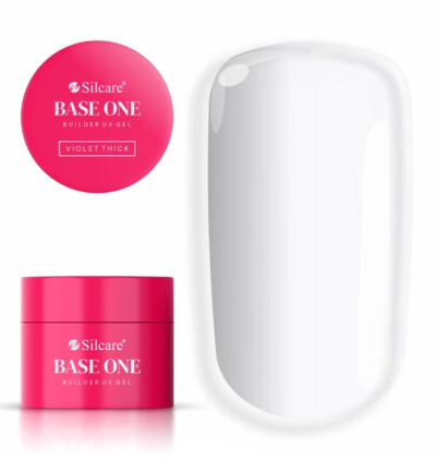 Frasco e tampa vermelhos de gel UV Silcare BASE ONE com unha pintada