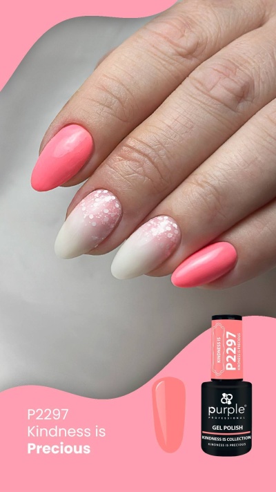 Unhas manicure com gel polish rosa coral e branco, frasco de verniz gel P2297 da purple professional