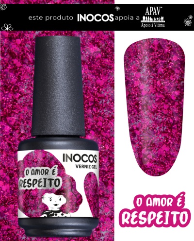 frasco de verniz gel INOCOS com rótulo e amostra de cor rosa roxa glitter
