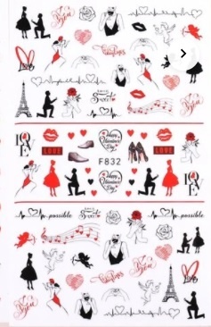 Desenhos em silhueta com temas românticos e musicais em preto, vermelho e rosa sobre fundo branco